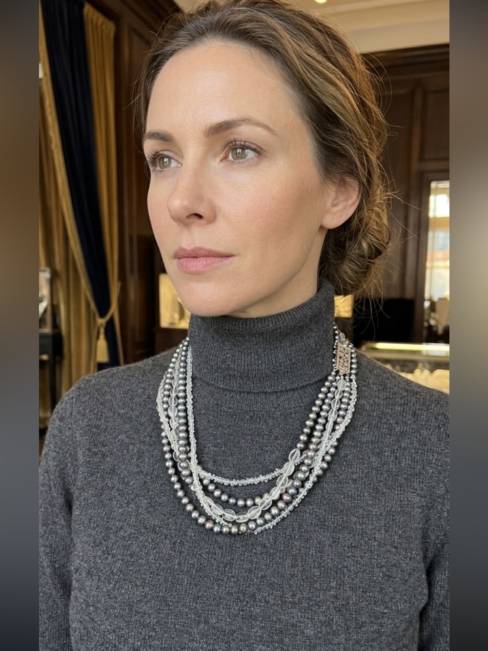 Elegant Peacock Pearl Crystal Quartz Necklace Multi-Strand Statement Jewelry VTG